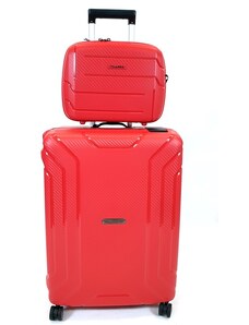 Touareg MATRIX csatos négykerekű, piros közepes bőrönd + kozmetikai táska szett BD28-piros 2db-os szett