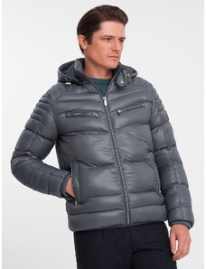 Ombre Men's quilted winter jacket with decorative zippers - graphite