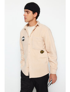 Trendyol Beige Regular Fit Label Detail Fleece Thick Winter Shirt
