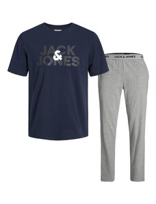 JACK & JONES Hosszú pizsama 'ULA' tengerészkék / szürke melír / fehér