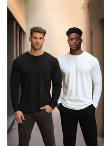 Trendyol Fekete-fehér 2 darabos 100% pamut hosszú ujjú normál/normál szabású alap póló