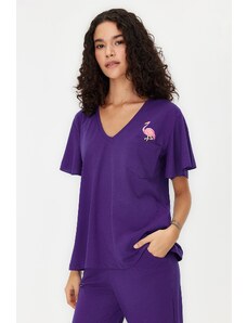 Trendyol Purple Cotton Flamingo Printed Sleeve Flounce Detailed T-shirt-Pants Knitted Pajama Set