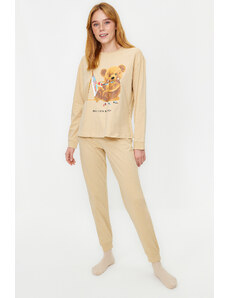 Trendyol Beige 100% Cotton Teddy Bear Printed Tshirt-Jogger Knitted Pajama Set