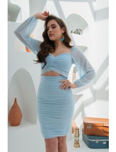 Carmen Blue Tulle Gathered Long Sleeve Midi Length Evening Dress