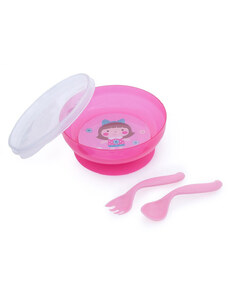 Canpol babies Canpol Csúszásmentes műanyag tál fedéllel és evőeszközökkel 350 ml (9h+) - Rózsaszín