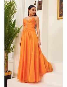 Carmen Orange Chiffon Strappy Collar Stone Long Evening Dress And Invitation Dress