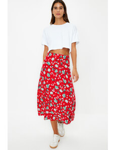 Trendyol Red Floral Pattern Viscose Fabric Midi Woven Skirt