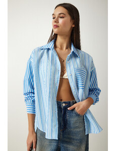 Happiness İstanbul Women's Sky Blue Striped Oversize Cotton Woven Shirt
