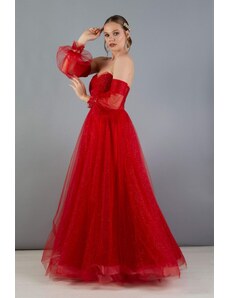 Carmen Red Tulle Low Sleeve Engagement Evening Dress