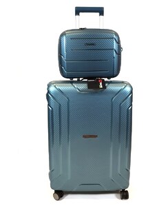 Touareg MATRIX csatos négykerekű, metálzöld közepes bőrönd + kozmetikai táska szett BD28-metálzöld 2db-os szett