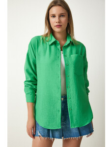 Happiness İstanbul Women's Green Oversize Linen Ayrobin Shirt