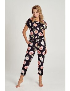 Taro Peony női pizsama, fekete, virágos