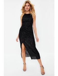 Trendyol Black Fitted Knitted Shiny Sequined Elegant Evening Dress
