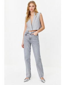 Trendyol Gray High Waist Long Straight Jeans