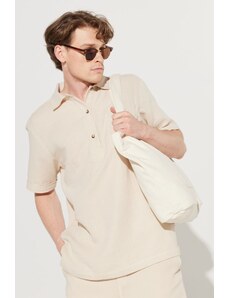 AC&Co / Altınyıldız Classics Men's Beige Comfort Fit Classic Collar 100% Cotton Muslin Patterned Short Sleeve Shirt with Pocket.