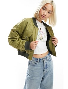 ONLY cropped high shine bomber jacket in khaki-Green