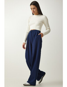 Happiness İstanbul Women's Navy Blue Pleated Palazzo Trousers