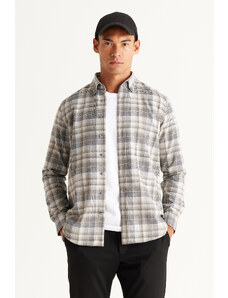 ALTINYILDIZ CLASSICS Men's Grey-White Slim Fit Slim Fit Buttoned Collar Cotton Checkered Flannel Lumberjack Shirt