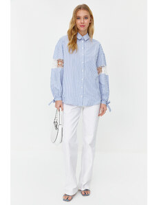 Trendyol Blue Sleeve Brode Detail Cotton Blended Striped Woven Shirt