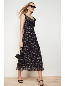 Trendyol Black Floral Scoop Neck Midi Woven Dress