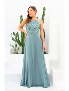 Carmen Sequined Long Evening Dress with Lace Straps.