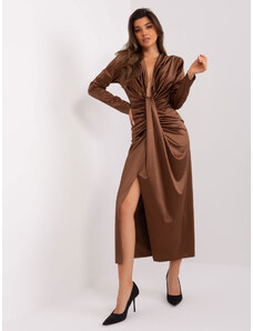 Fashionhunters Brown evening dress with a plunging neckline