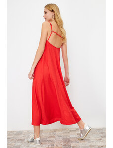 Trendyol Red Square Neck A-Line Gooseberry/Textured Knitted Maxi Dress