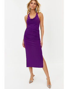 Trendyol Purple Fitted Degajee Collar Elegant Evening Dress