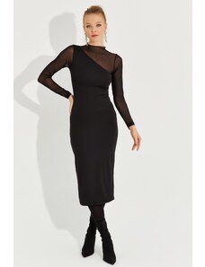 Cool & Sexy női fekete tüll részletes aszimmetrikus midi ruha