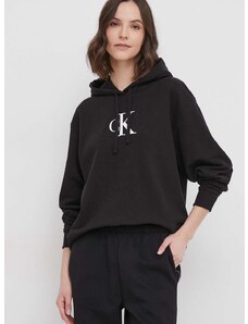 Calvin Klein Jeans pamut melegítőfelső fekete, női, nyomott mintás, kapucnis