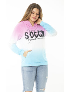 Şans Women's Plus Size Colorful Two-Threads Silvery And Front Print Detailed Hooded Sweatshirt