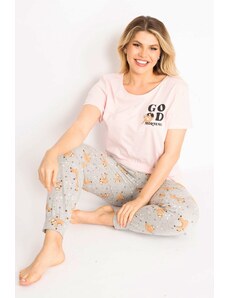 Şans Women's Plus Size Colorful Cotton Fabric Print Detailed Blouse, Pants, Pajamas Set