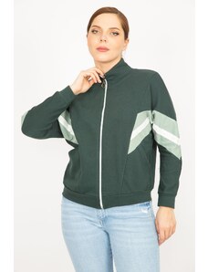 Şans Women's Colorful Plus Size 2 Thread Fabric Front Zipper And Stripe Detailed Sweatshirt