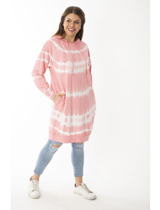 Şans Women's Plus Size Pink Tie Dye Patterned Long Sweatshirt with a hoodie