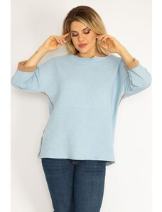 Şans Women's Plus Size Blue Piping Detailed Capri Sleeve Sweatshirt