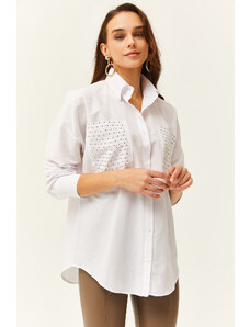 Olalook Women's White Oversized Shirt with Staple Pocket Detail