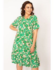 Şans Women's Large Size Green Woven Viscose Fabric Layered Dress