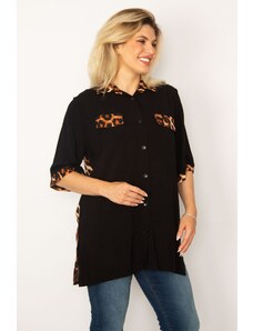 Şans Women's Plus Size Black Loopard Shirt With Garnish Woven Viscose Fabric