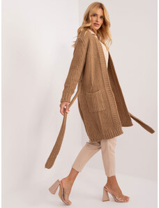 Fashionhunters Camel long knitted cardigan with belt