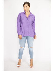 Şans Women's Plus Size Lilac Poplin Fabric Front Buttons Long Back Tunic