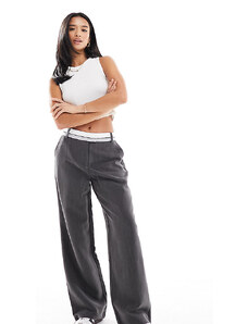 4th & Reckless Petite exclusive tailored contrast waist band straight leg trousers in dark grey