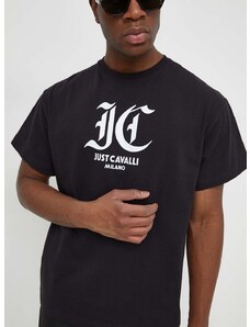 Just Cavalli pamut póló fekete, férfi, nyomott mintás, 76OAHG00 CJ318