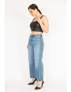 Şans Women's Blue Plus Size Side Striped 5 Pockets Jeans