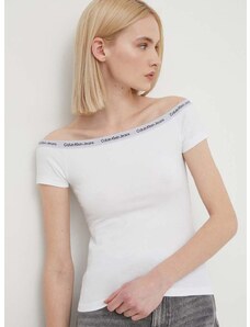 Calvin Klein Jeans t-shirt női, spanyol nyakkivágású, fehér