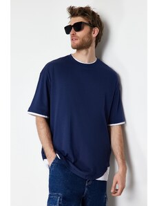 Trendyol Navy Blue Oversize/Wide-Fit fehér paneles rövid ujjú 100% pamut póló