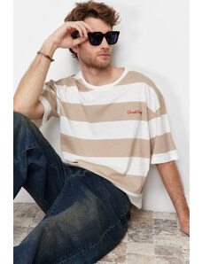 Trendyol Brown Oversize Letter Embroidered Striped 100% Cotton T-Shirt