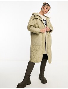 Pull&Bear quilted longline hooded coat in ecru-Neutral