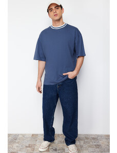 Trendyol Indigo Oversize Collar Detail Labeled 100% Cotton T-Shirt