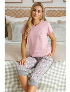 Női rózsaszín pizsama virágos 3/4-es nadrággal Doctor Nap