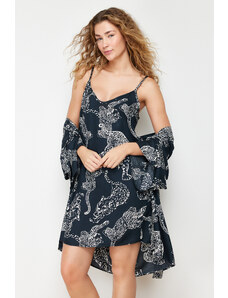 Trendyol Anthracite Animal Patterned Rope Strap Viscose Woven Nightgown